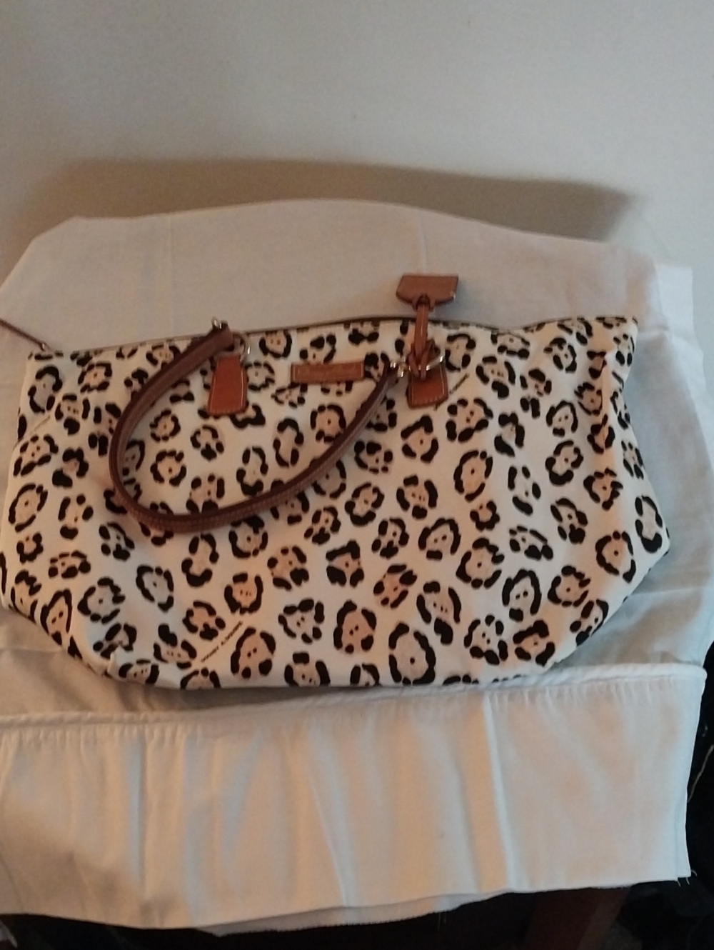 Dooney & Bourke Cream and Black Leopard-Print Tote with Brown Trim